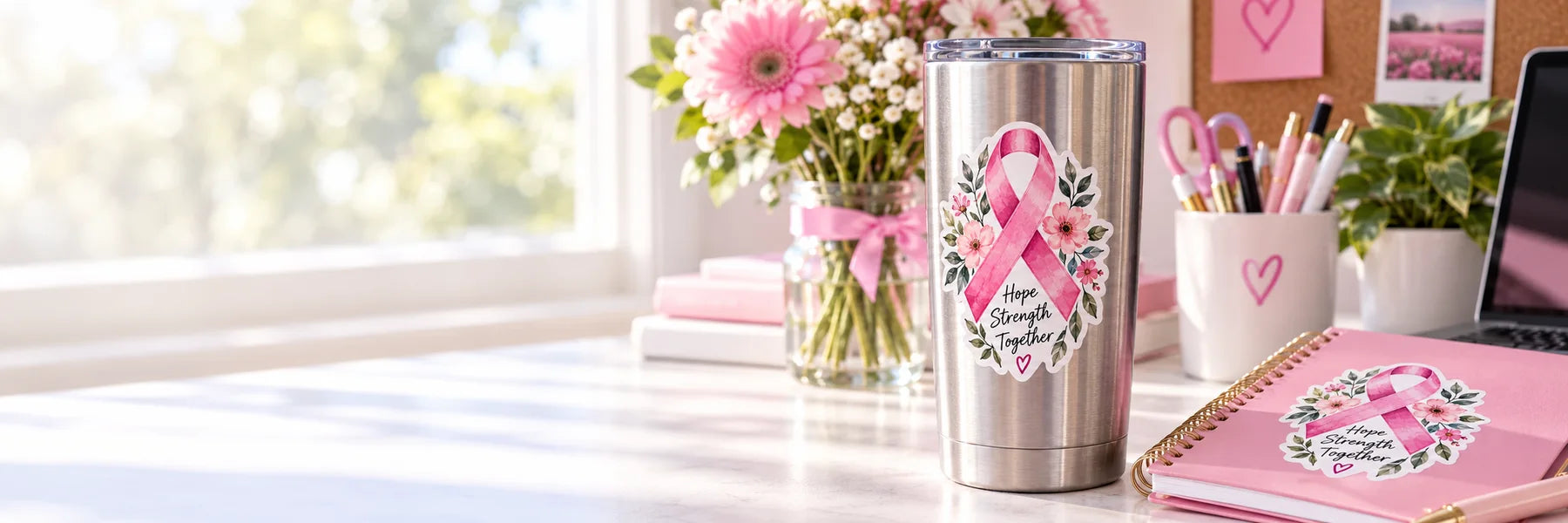Illustrative Cancer Awareness Decals vinyl application in a realistic panoramic lifestyle scene.