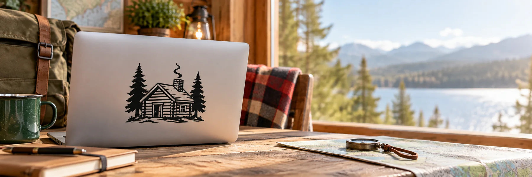 Illustrative Cabin Decals vinyl application in a realistic panoramic lifestyle scene.
