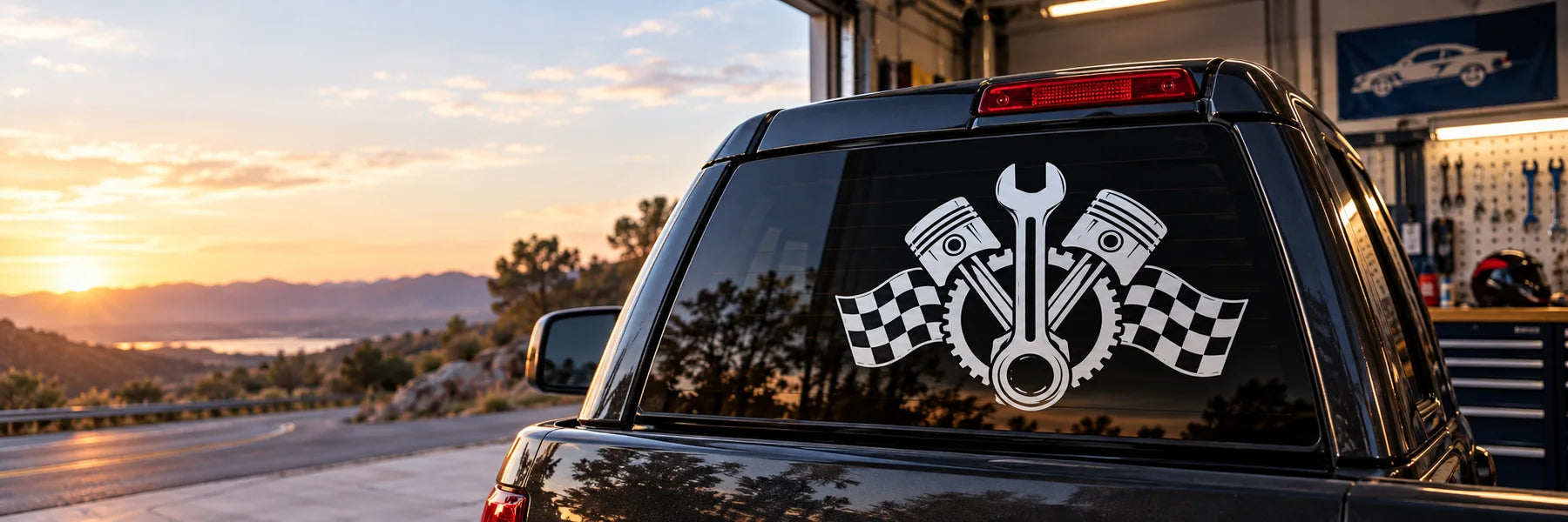 Illustrative Automotive Shop Decals vinyl application in a realistic panoramic lifestyle scene.