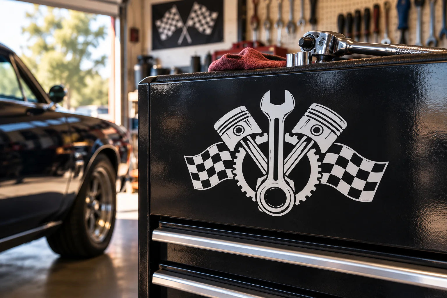 Illustrative Automotive Shop Decals vinyl application in a realistic separate close-up lifestyle scene.