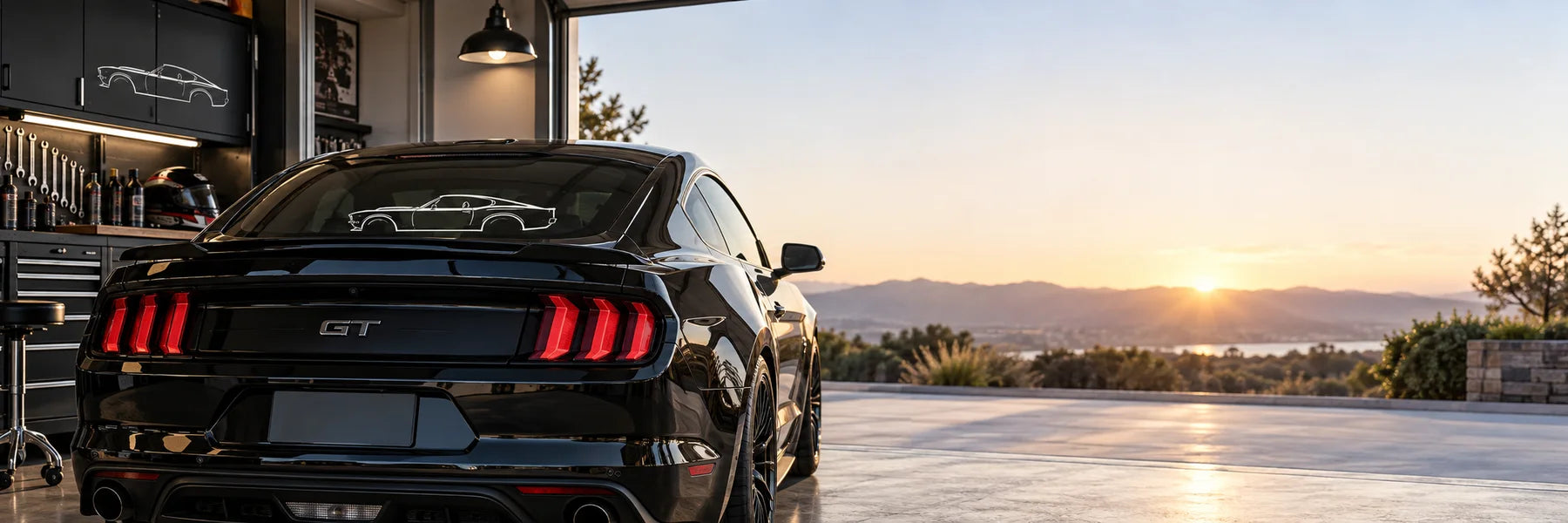 Illustrative Actual Car Decals vinyl application in a realistic panoramic lifestyle scene.