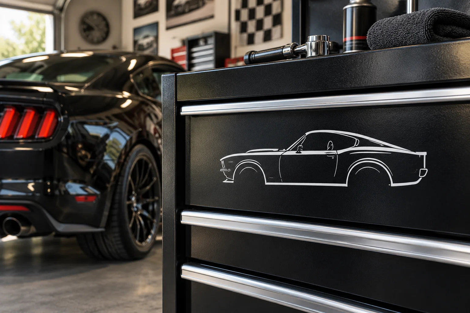 Illustrative Actual Car Decals vinyl application in a realistic separate close-up lifestyle scene.
