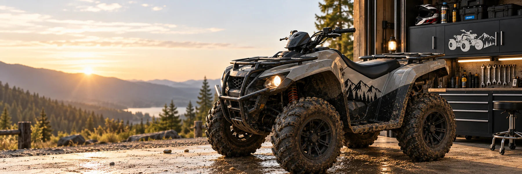 Illustrative ATV Decals vinyl application in a realistic panoramic lifestyle scene.