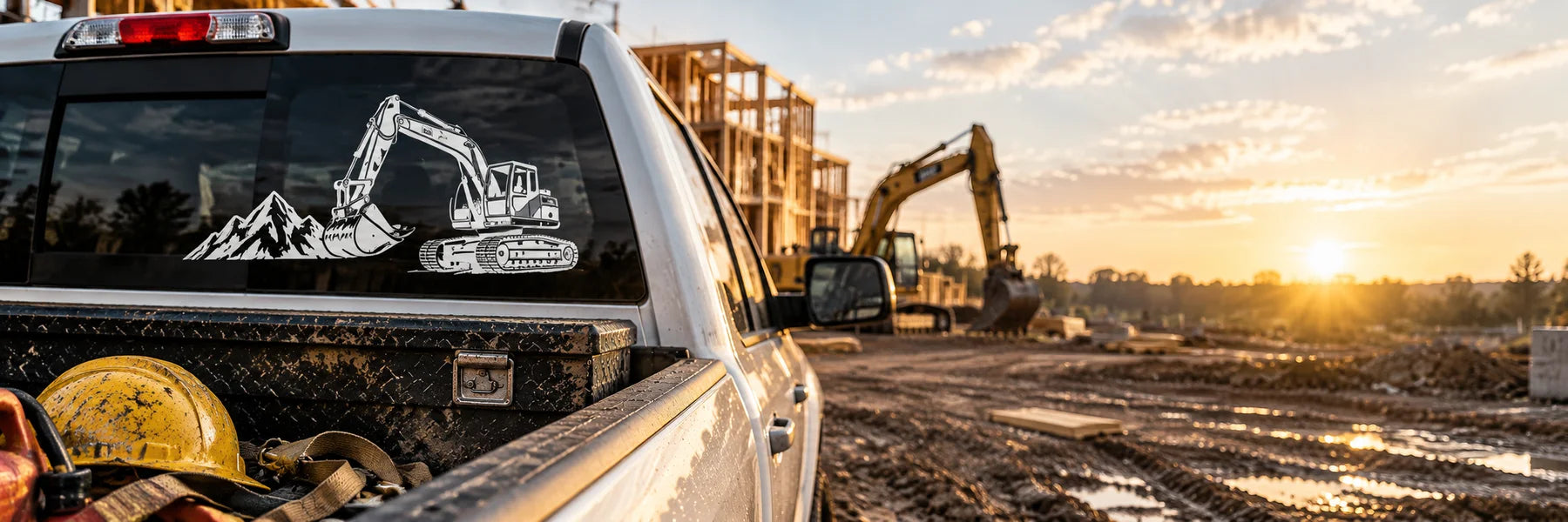 Illustrative Construction Decals vinyl application in a realistic panoramic lifestyle scene.