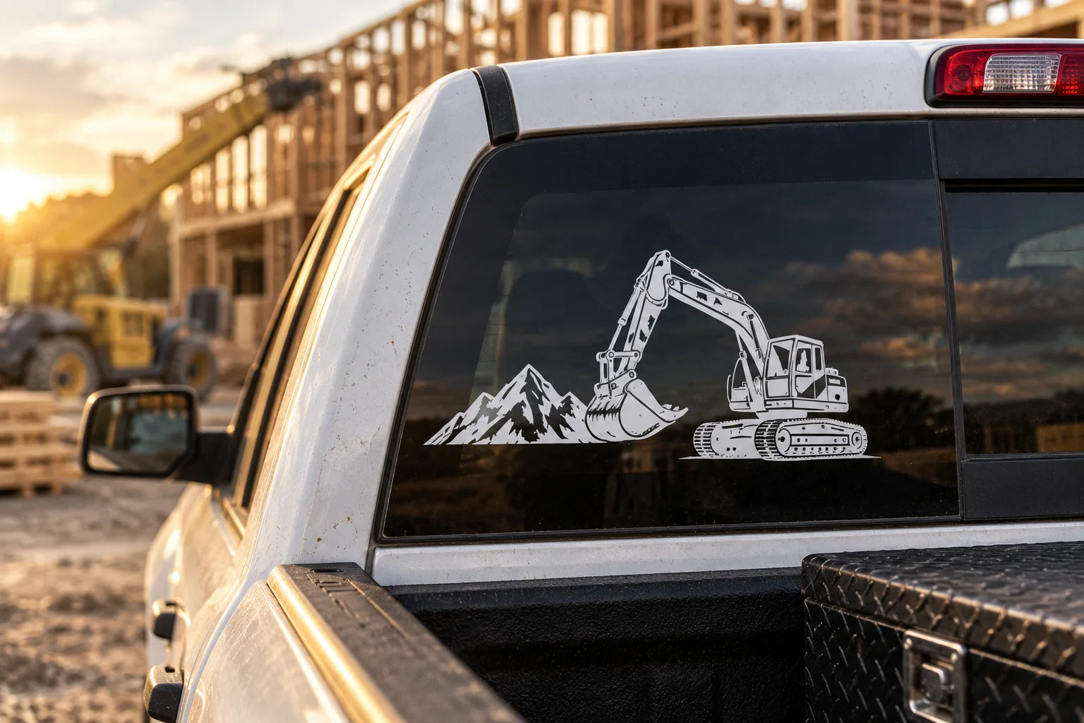 Illustrative Construction Decals vinyl application in a realistic separate close-up lifestyle scene.