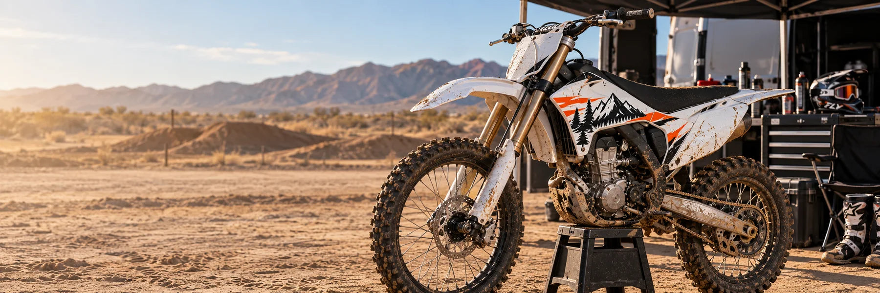 Illustrative Dirt Bike Decals vinyl application in a realistic panoramic lifestyle scene.