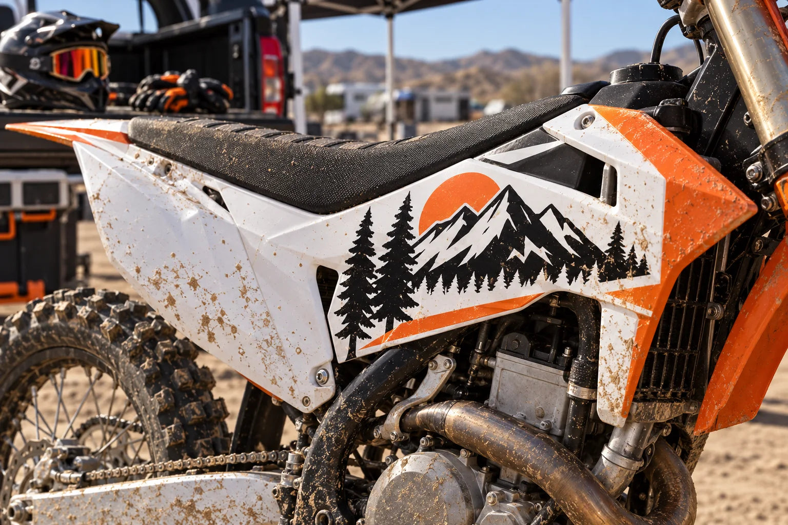 Illustrative Dirt Bike Decals vinyl application in a realistic separate close-up lifestyle scene.