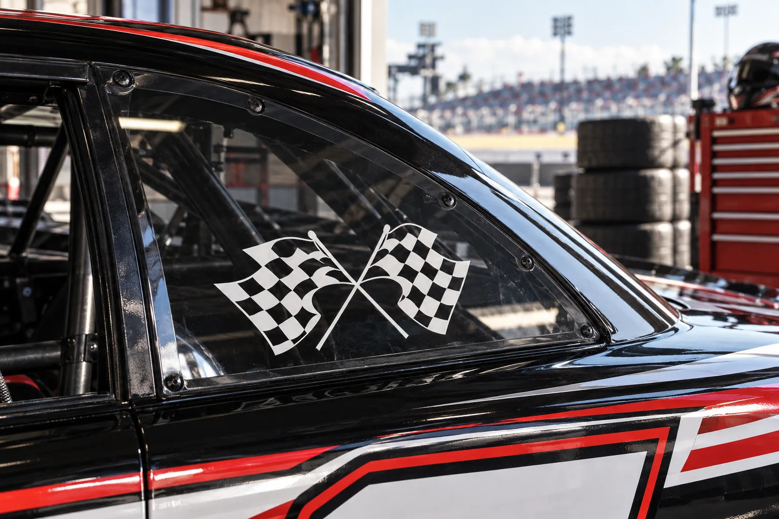 Illustrative Race Car Decals vinyl application in a realistic separate close-up lifestyle scene.