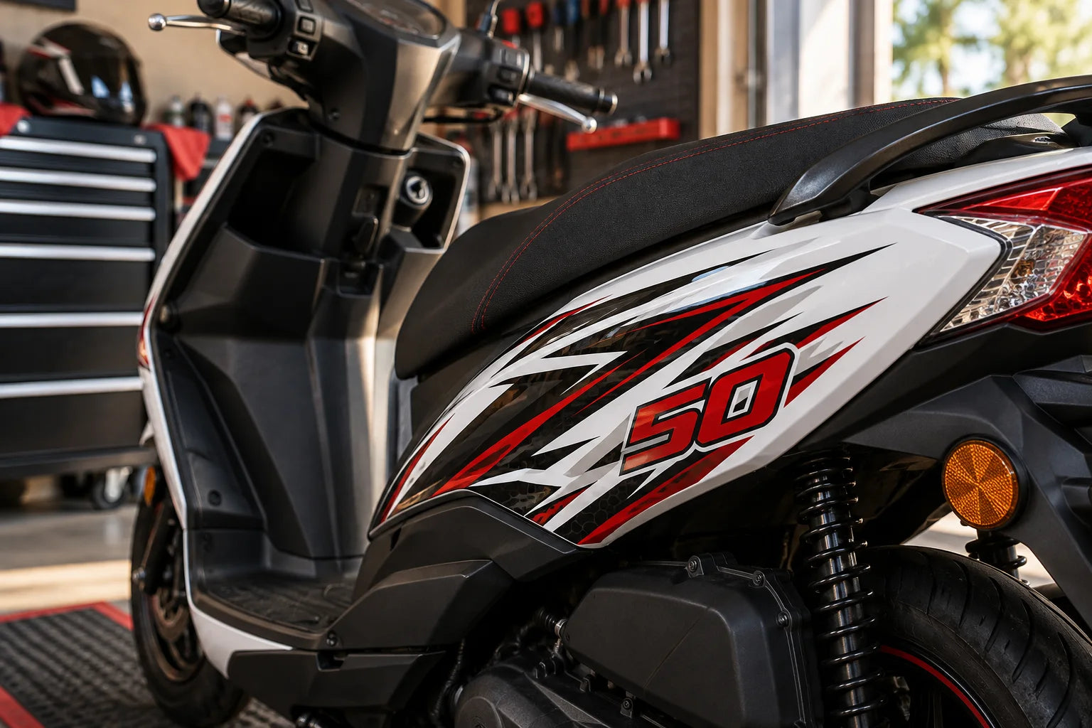 Illustrative Scooter Decals vinyl application in a realistic separate close-up lifestyle scene.