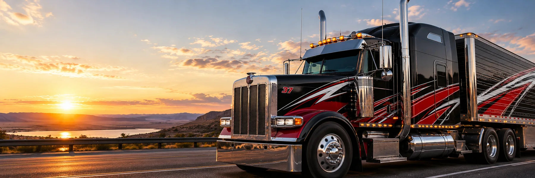 Illustrative Semi Truck Decals vinyl application in a realistic panoramic lifestyle scene.