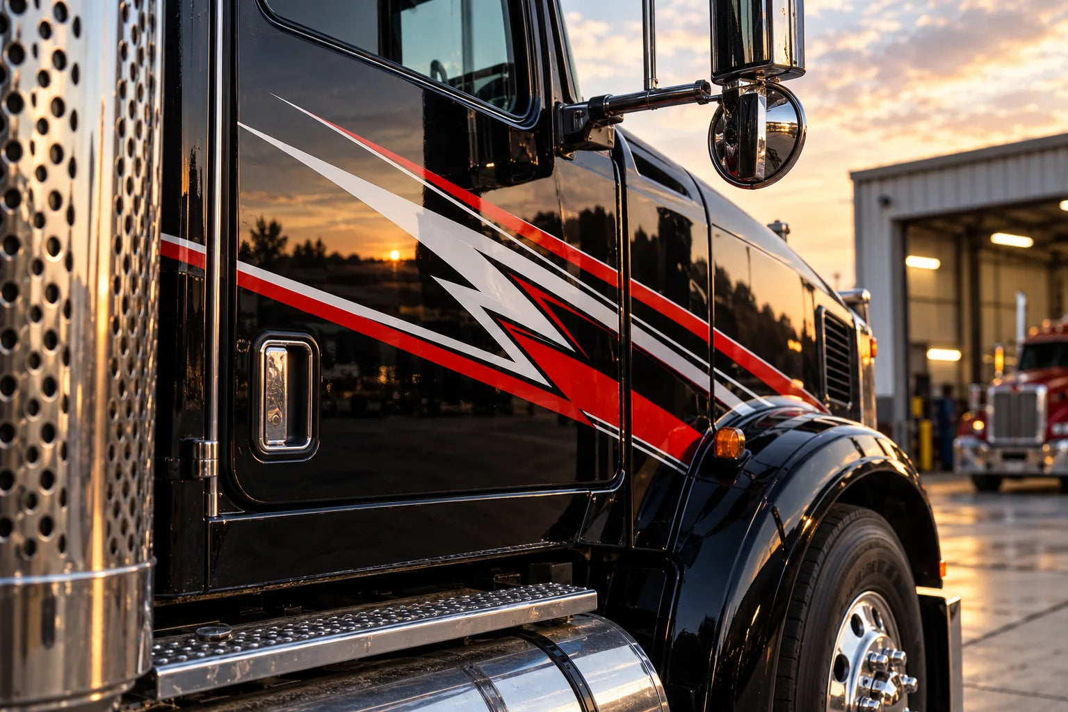 Illustrative Semi Truck Decals vinyl application in a realistic separate close-up lifestyle scene.