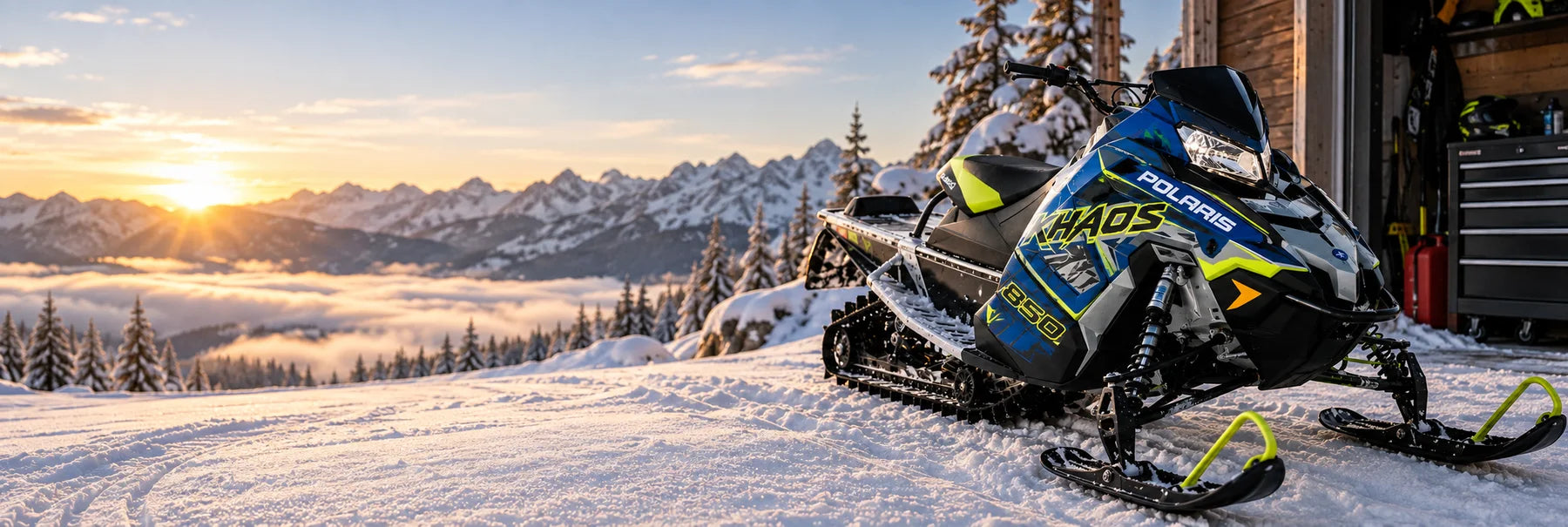 Illustrative Snowmobile Decals vinyl application in a realistic panoramic lifestyle scene.