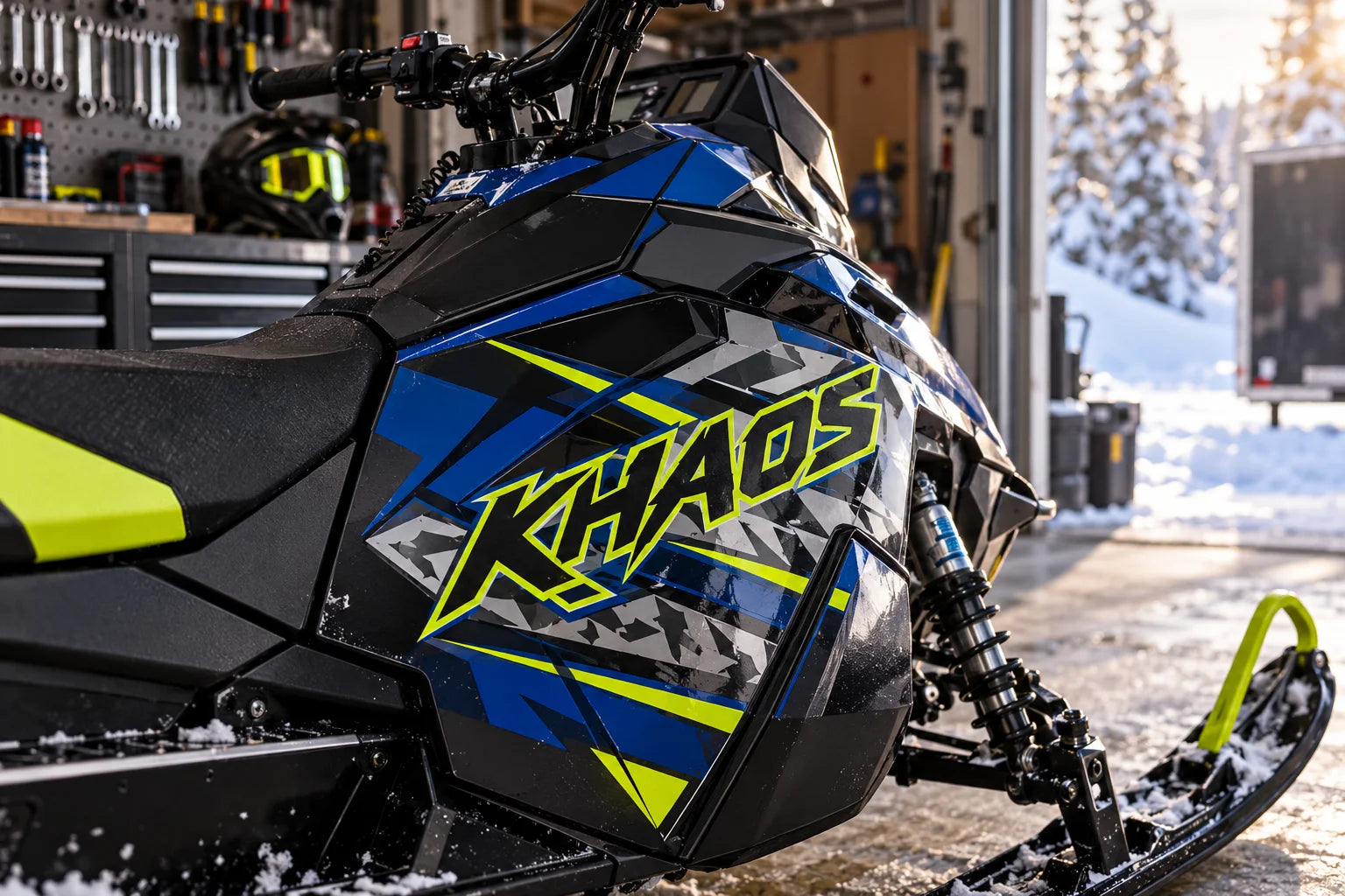 Illustrative Snowmobile Decals vinyl application in a realistic separate close-up lifestyle scene.