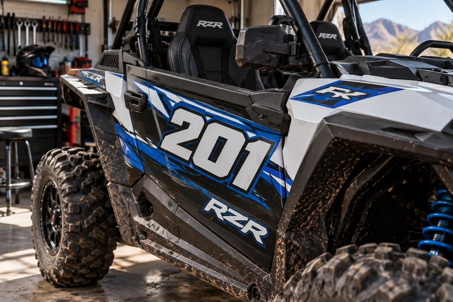 Illustrative UTV Decals vinyl application in a realistic separate close-up lifestyle scene.
