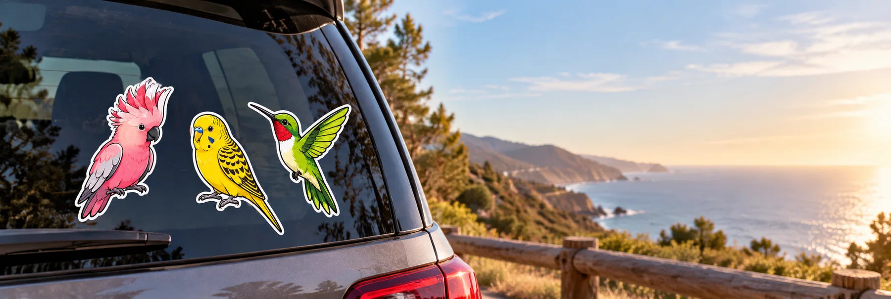 Illustrative Cartoon Bird Decals vinyl application in a realistic panoramic lifestyle scene.
