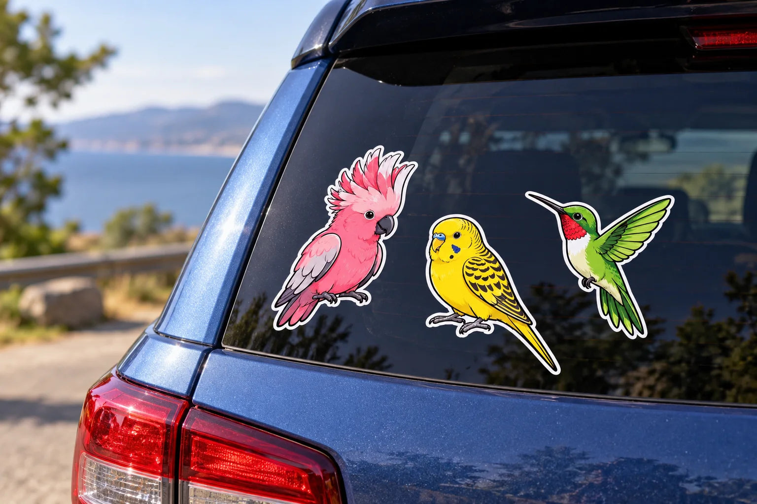 Illustrative Cartoon Bird Decals vinyl application in a realistic separate close-up lifestyle scene.