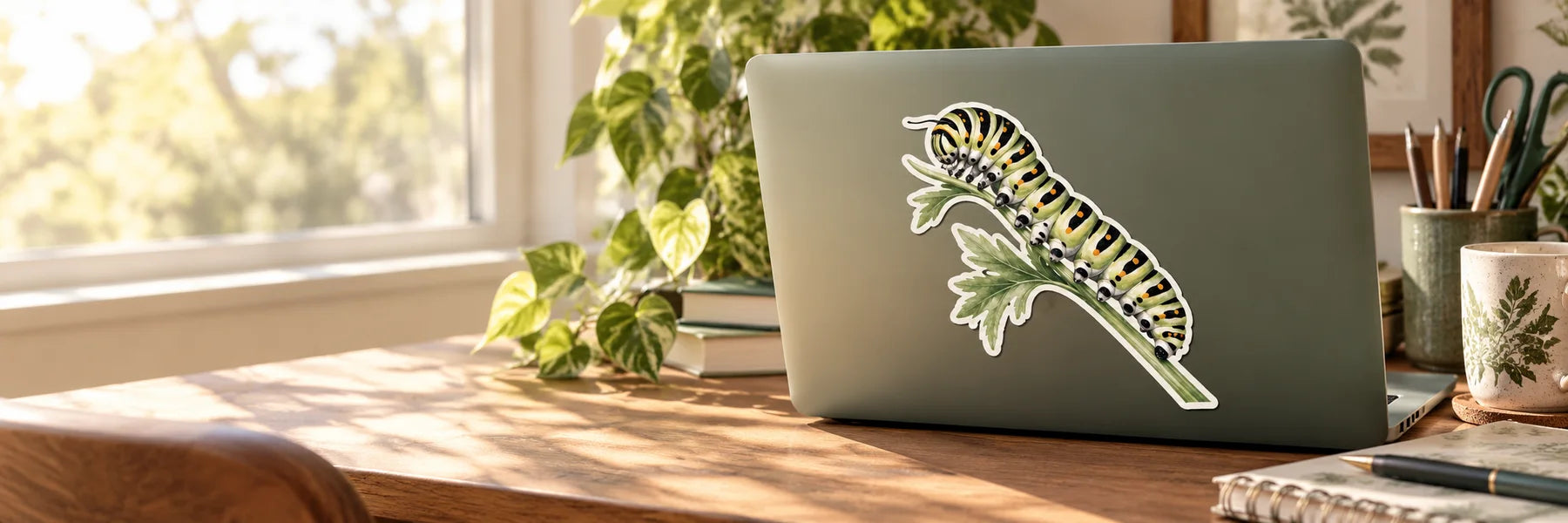 Illustrative Caterpillar Decals vinyl application in a realistic panoramic lifestyle scene.