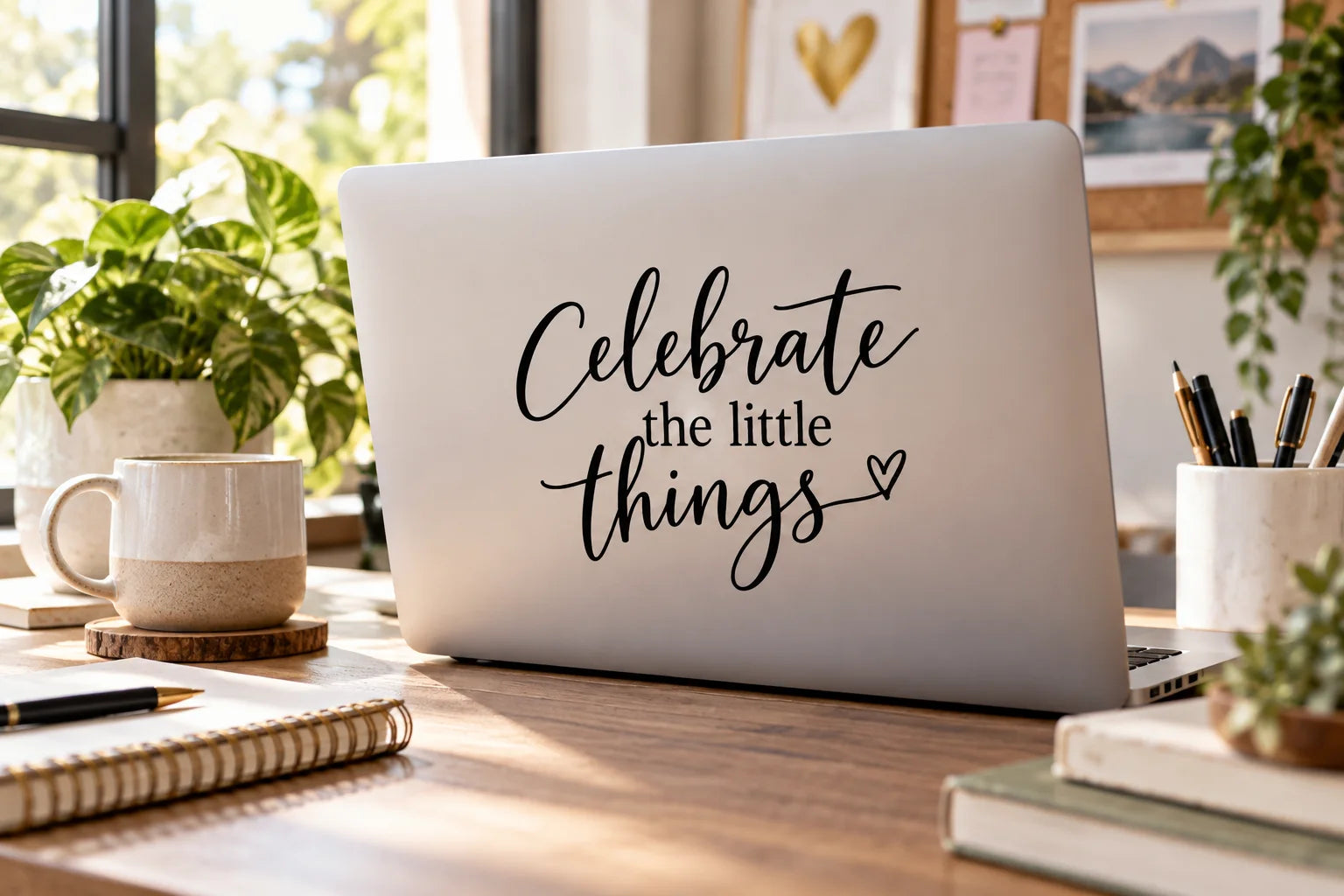 Illustrative Celebration Quote Decals vinyl application in a realistic separate close-up lifestyle scene.