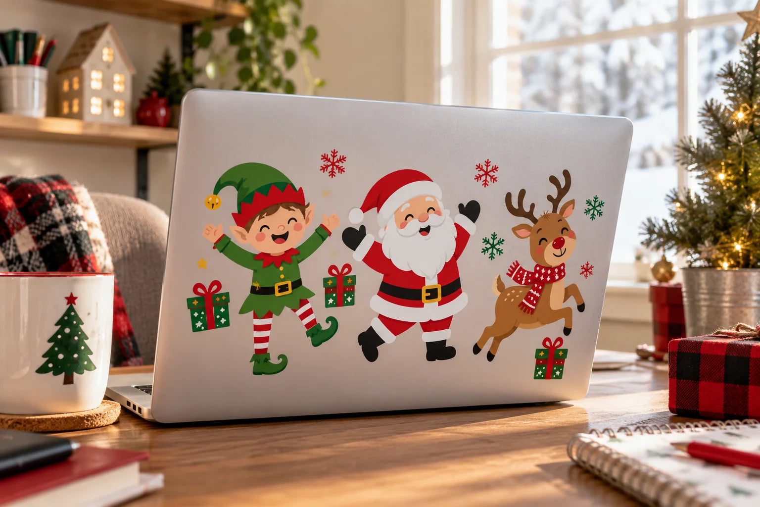 Illustrative Christmas Character Decals vinyl application in a realistic separate close-up lifestyle scene.