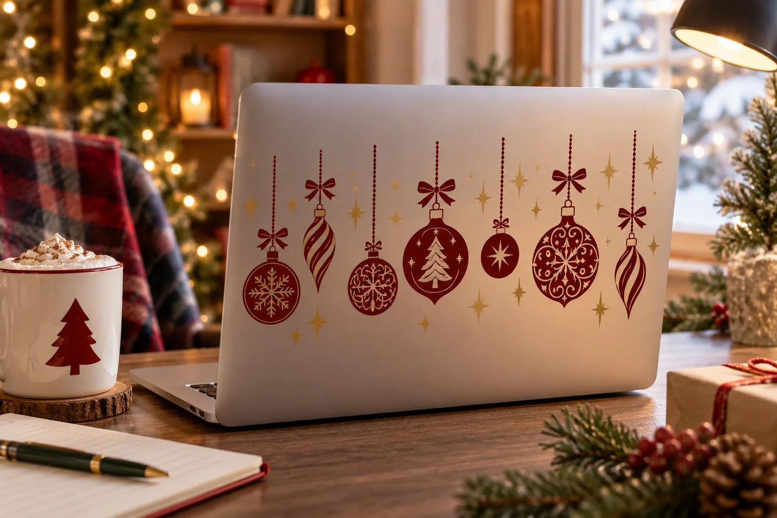 Illustrative Christmas Decoration Decals vinyl application in a realistic separate close-up lifestyle scene.