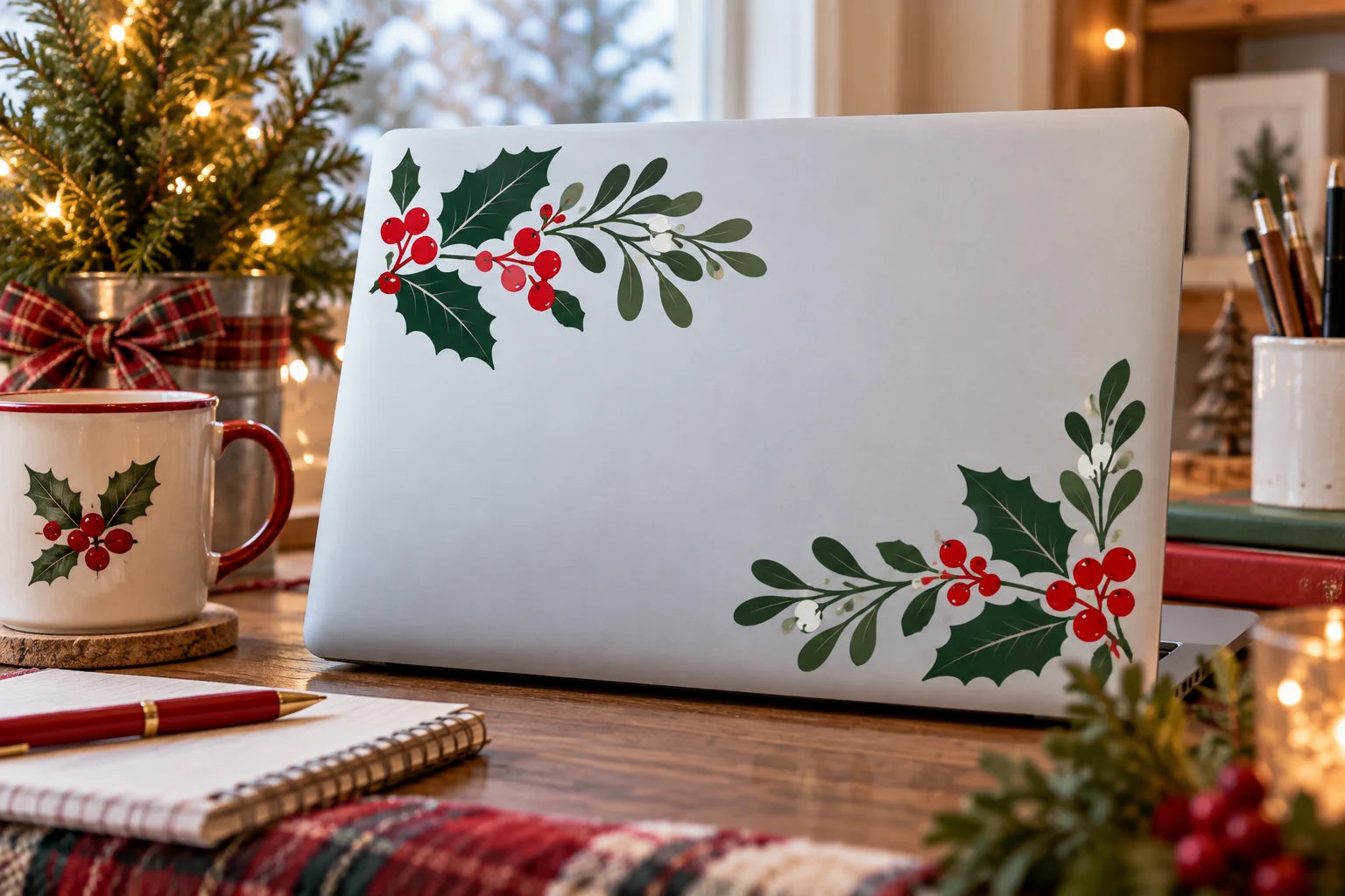 Illustrative Christmas Foliage Decals vinyl application in a realistic separate close-up lifestyle scene.