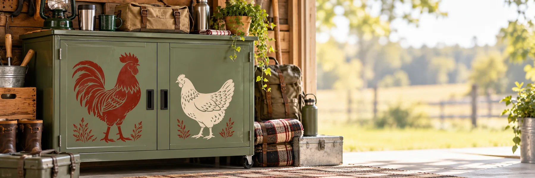 Illustrative Chicken & Rooster Decals vinyl application in a realistic panoramic lifestyle scene.