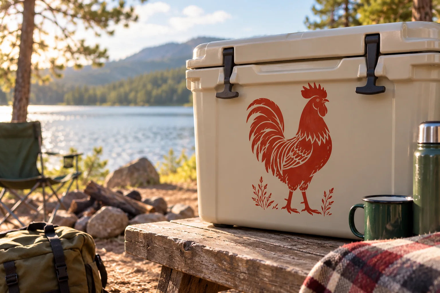 Illustrative Chicken & Rooster Decals vinyl application in a realistic separate close-up lifestyle scene.