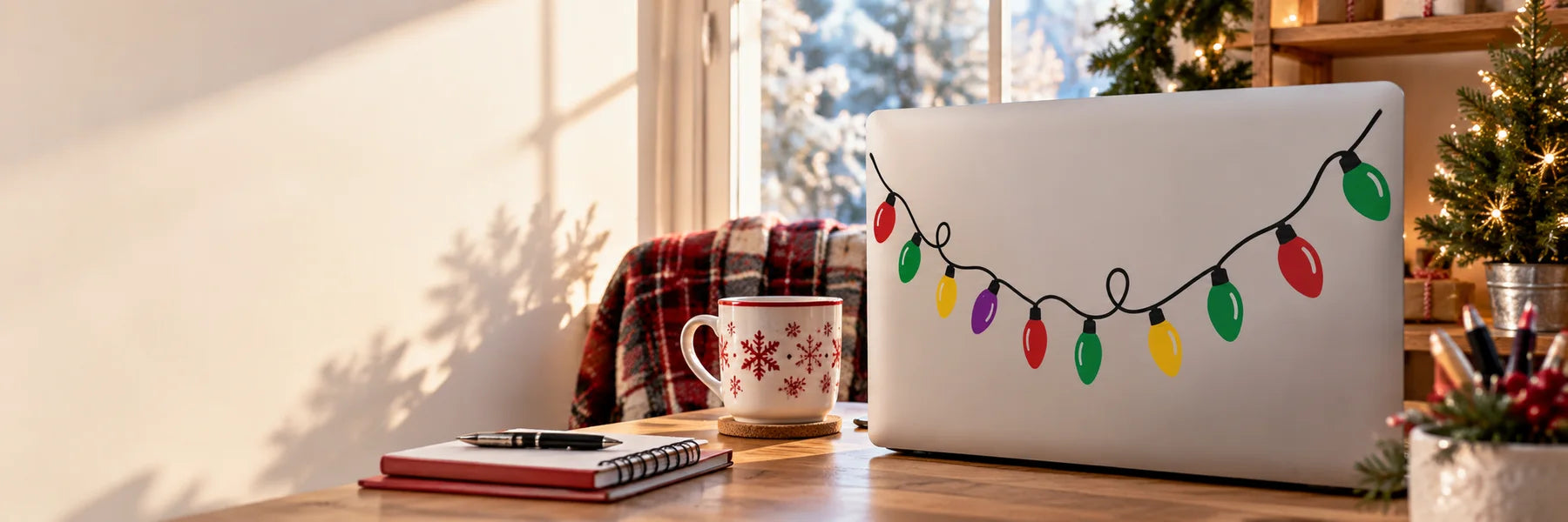 Illustrative Christmas Light Decals vinyl application in a realistic panoramic lifestyle scene.