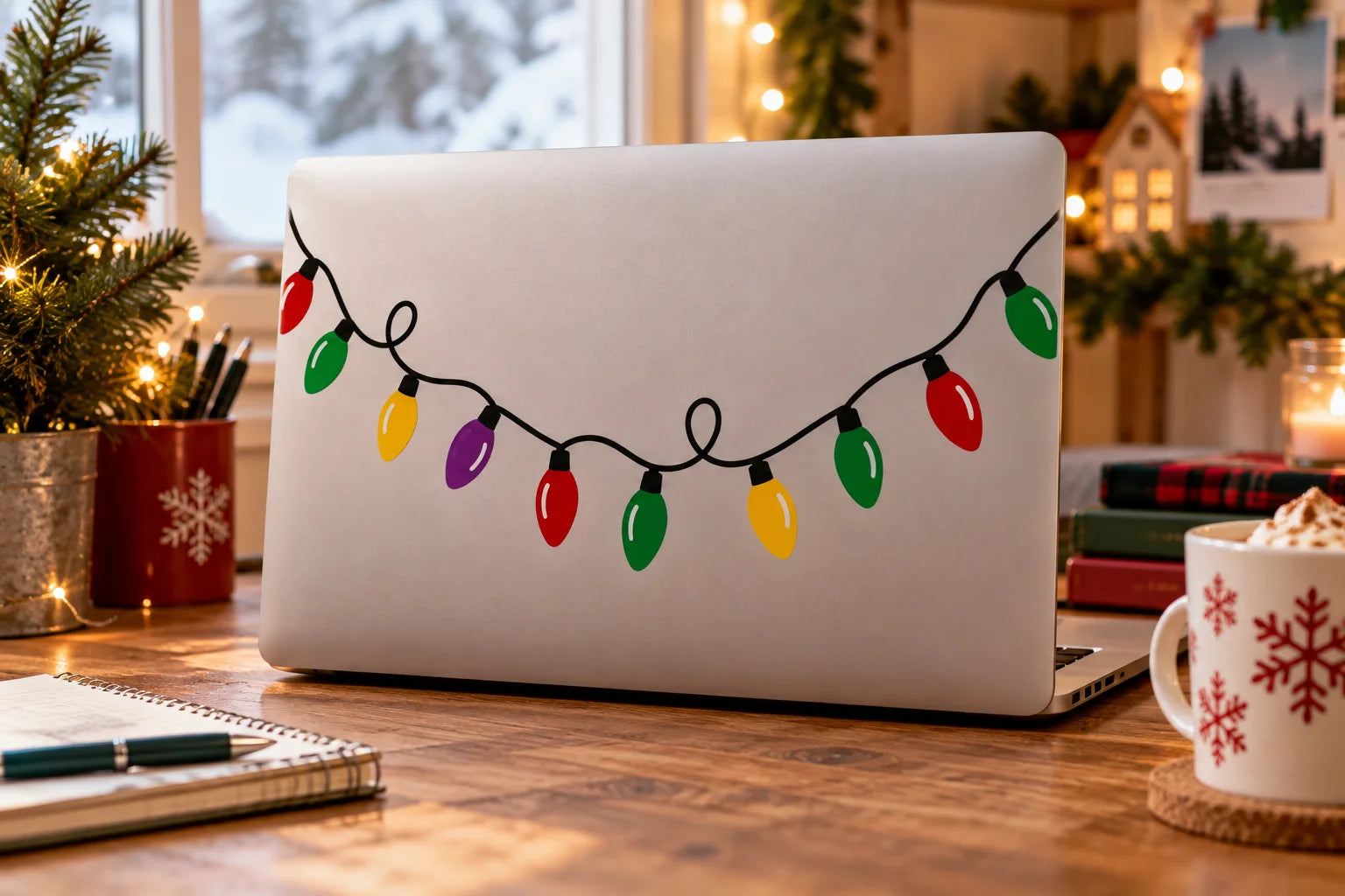 Illustrative Christmas Light Decals vinyl application in a realistic separate close-up lifestyle scene.