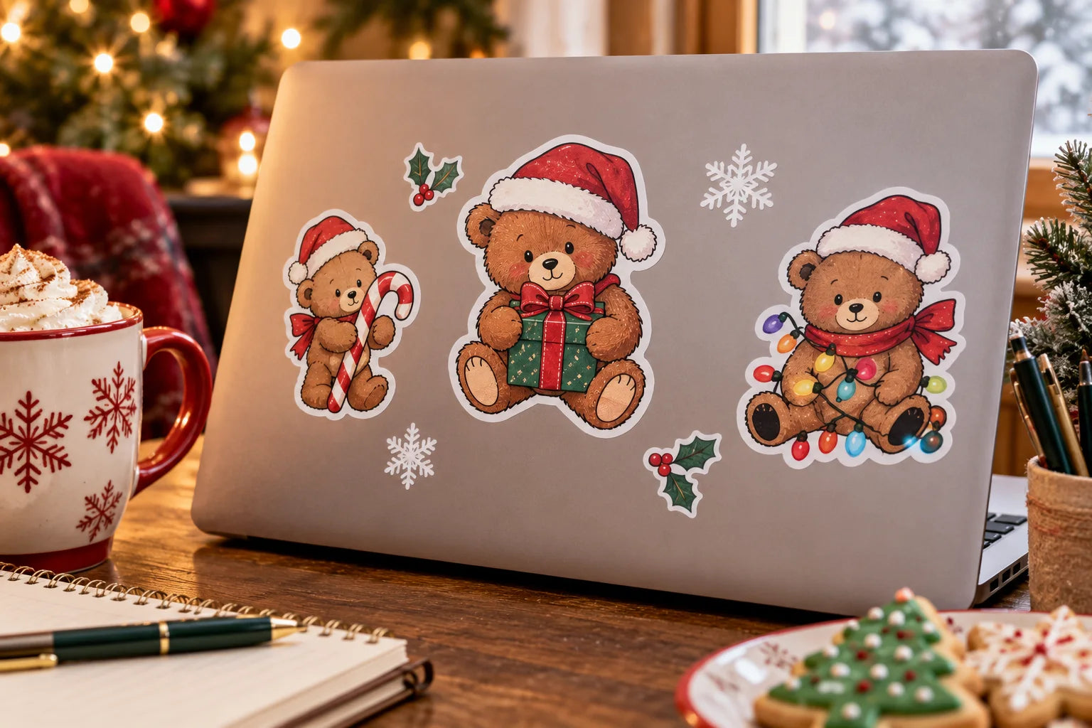 Illustrative Christmas Bear Decals vinyl application in a realistic separate close-up lifestyle scene.