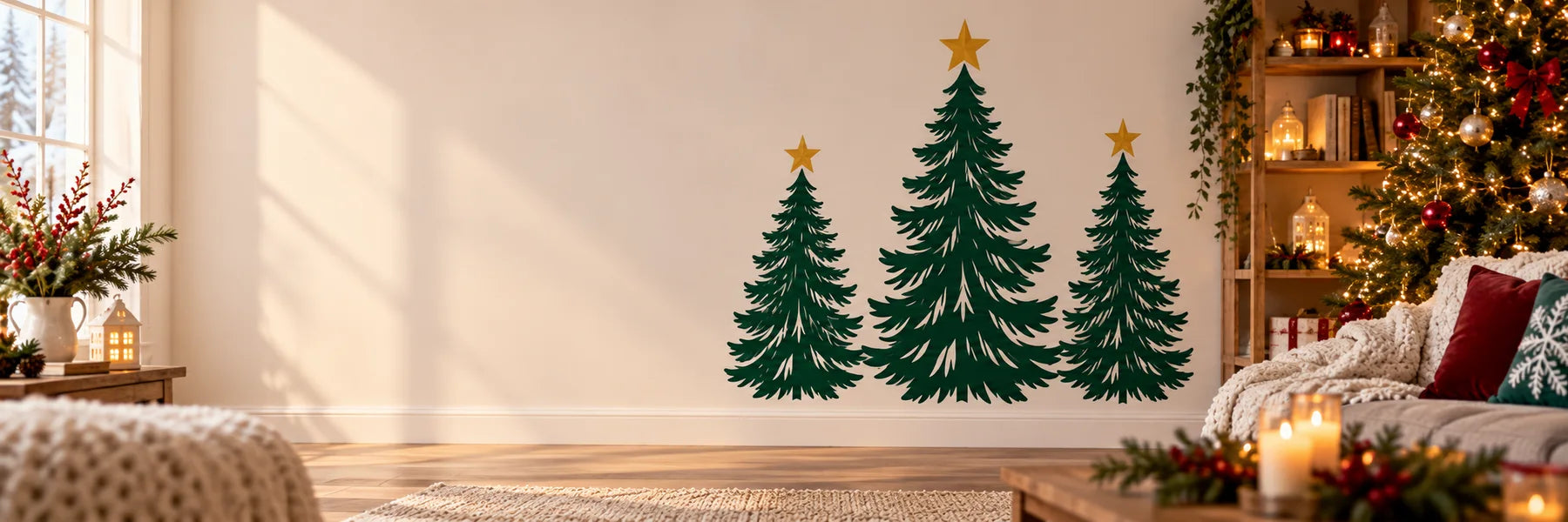 Illustrative Christmas Tree Decals vinyl application in a realistic panoramic lifestyle scene.