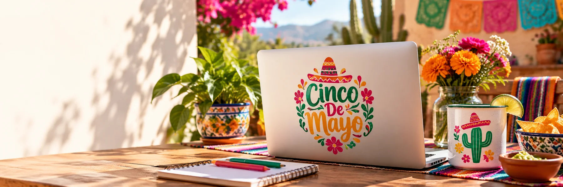 Illustrative Cinco De Mayo Decals vinyl application in a realistic panoramic lifestyle scene.