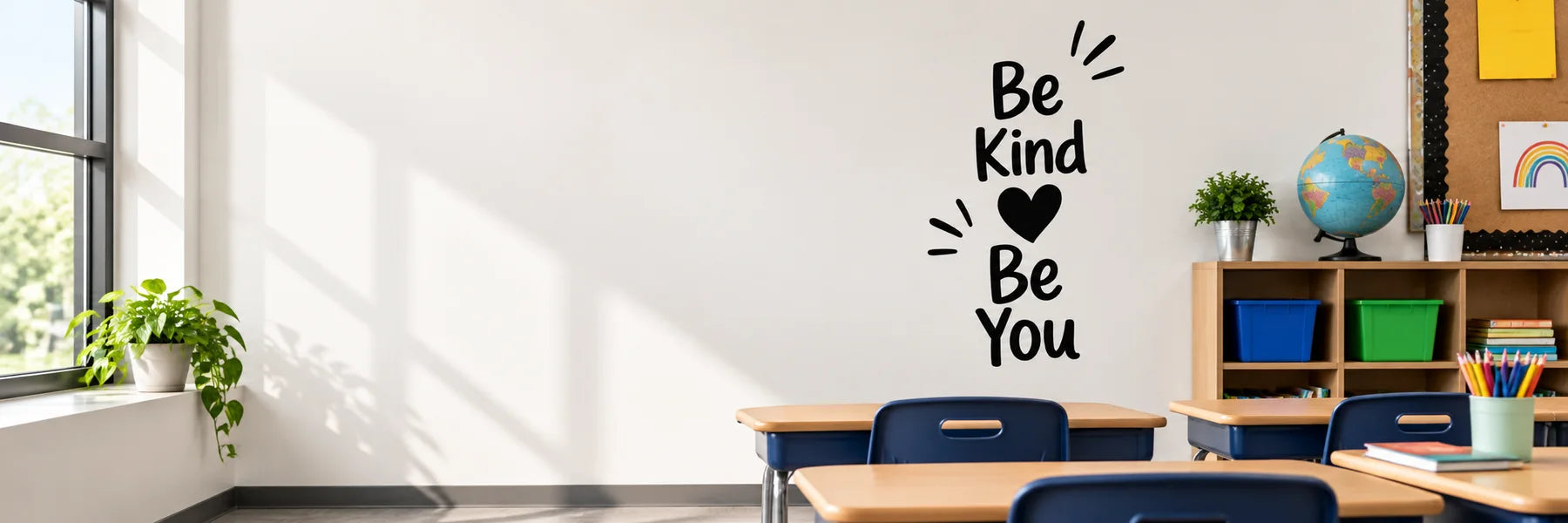 Illustrative Classroom Decals vinyl application in a realistic panoramic lifestyle scene.