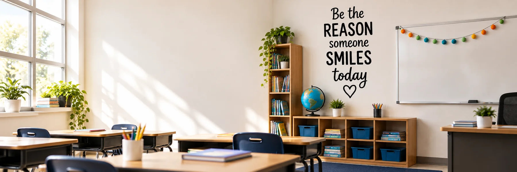 Illustrative Classroom Wall Quote Decals vinyl application in a realistic panoramic lifestyle scene.