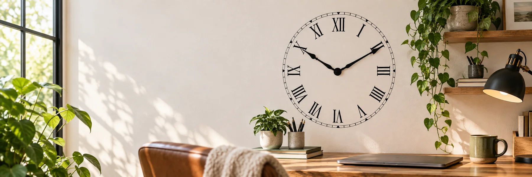 Illustrative Clock Face Decals vinyl application in a realistic panoramic lifestyle scene.