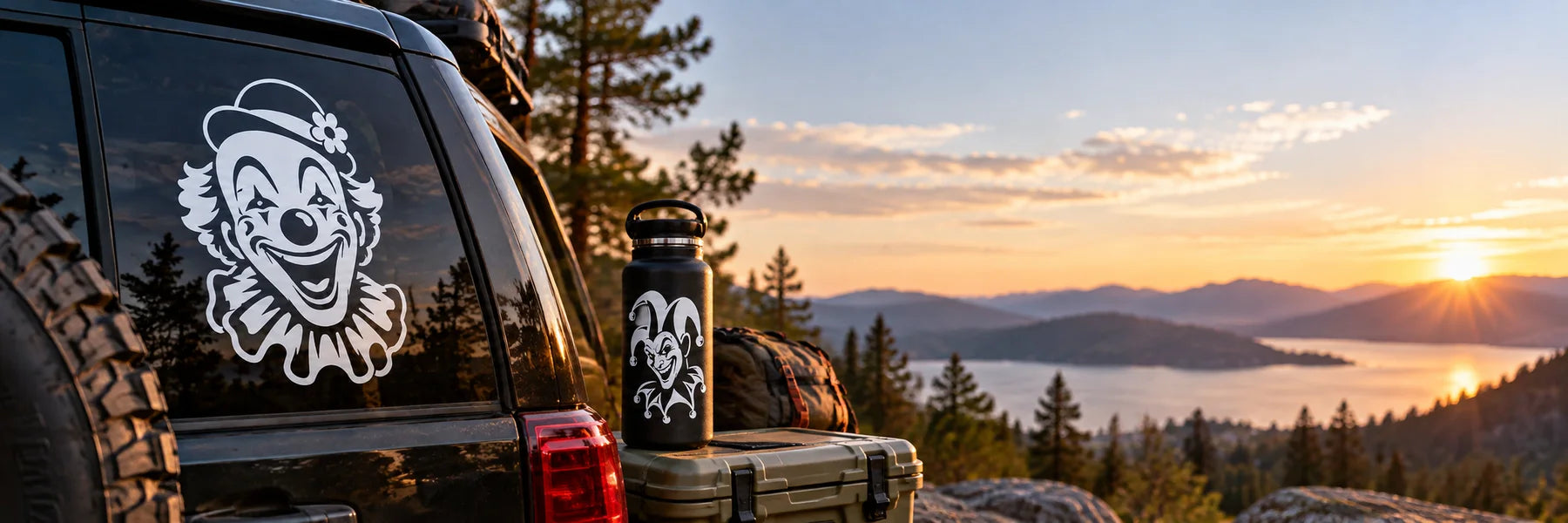 Illustrative Clown & Jester Decals vinyl application in a realistic panoramic lifestyle scene.