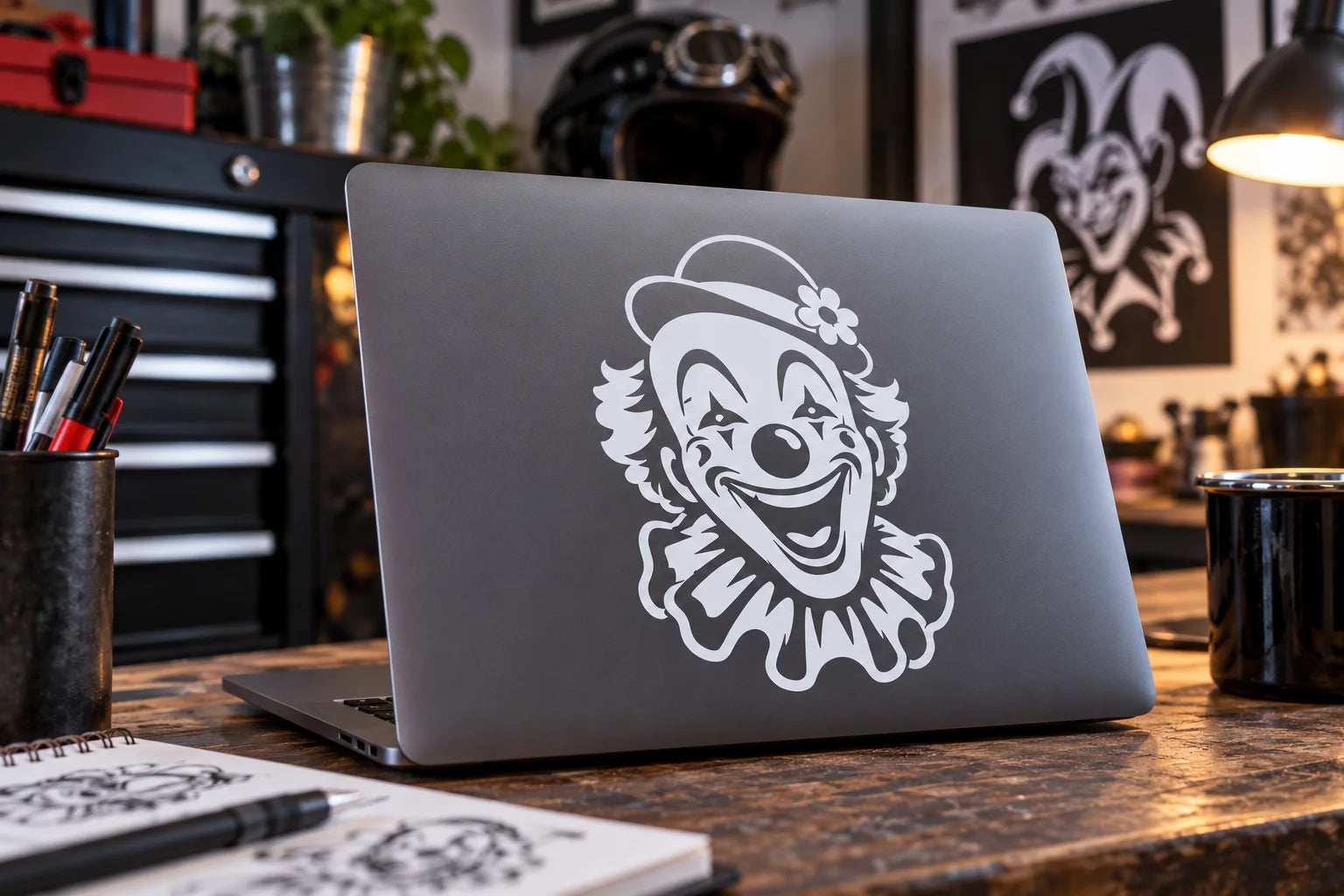 Illustrative Clown & Jester Decals vinyl application in a realistic separate close-up lifestyle scene.