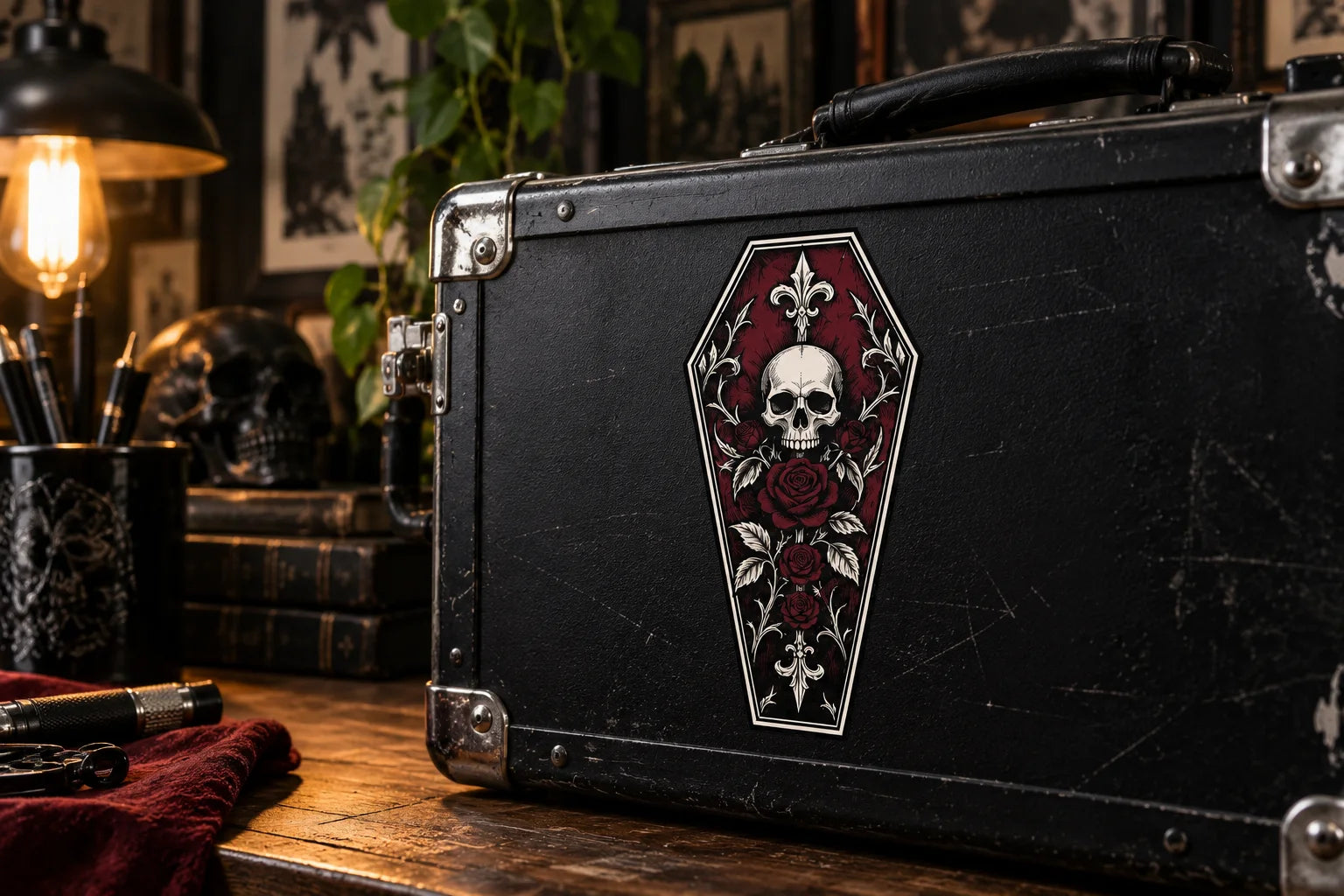 Illustrative Coffin Decals vinyl application in a realistic separate close-up lifestyle scene.