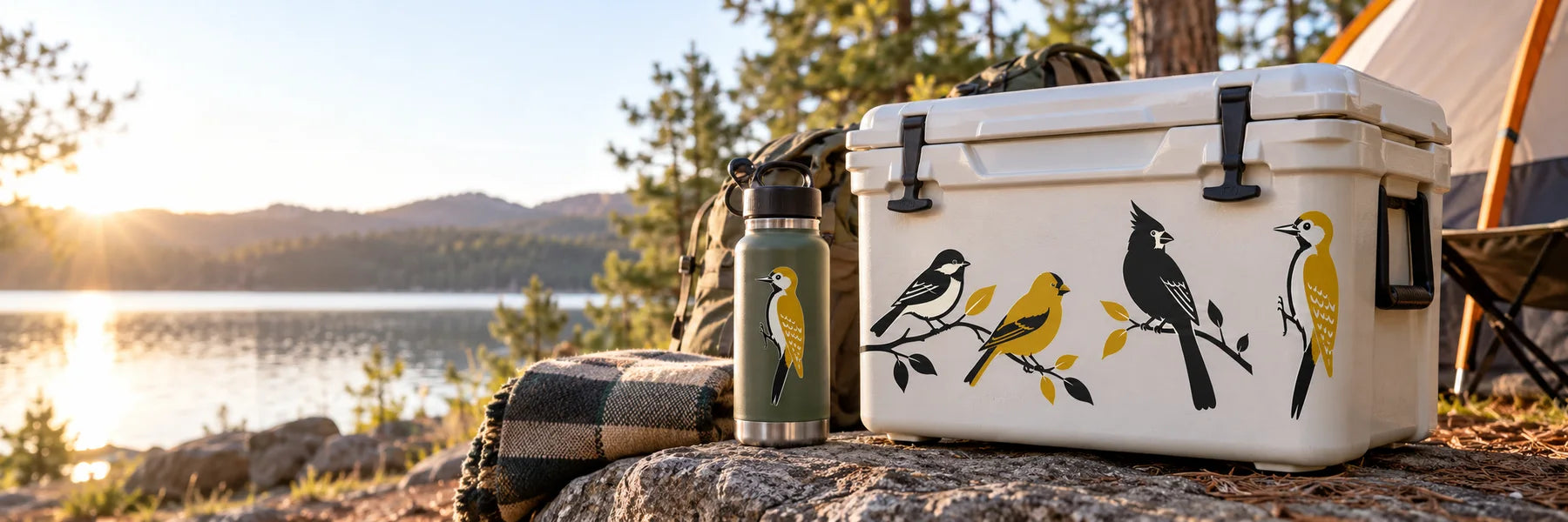 Illustrative Common Bird Decals vinyl application in a realistic panoramic lifestyle scene.