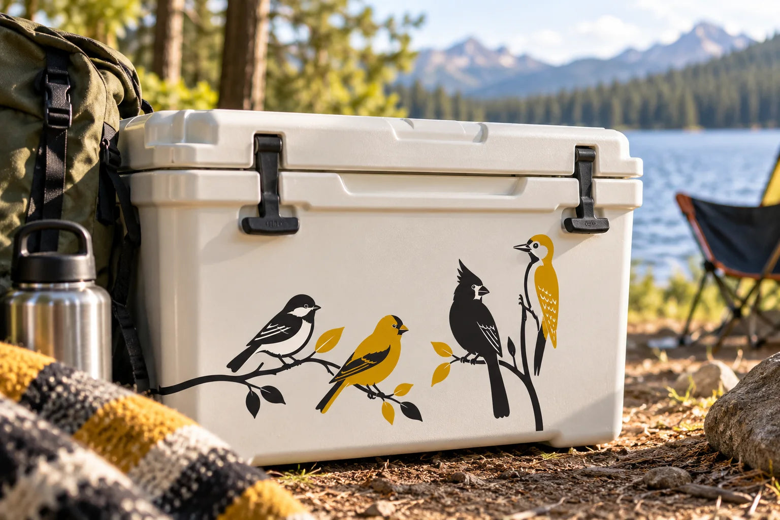 Illustrative Common Bird Decals vinyl application in a realistic separate close-up lifestyle scene.