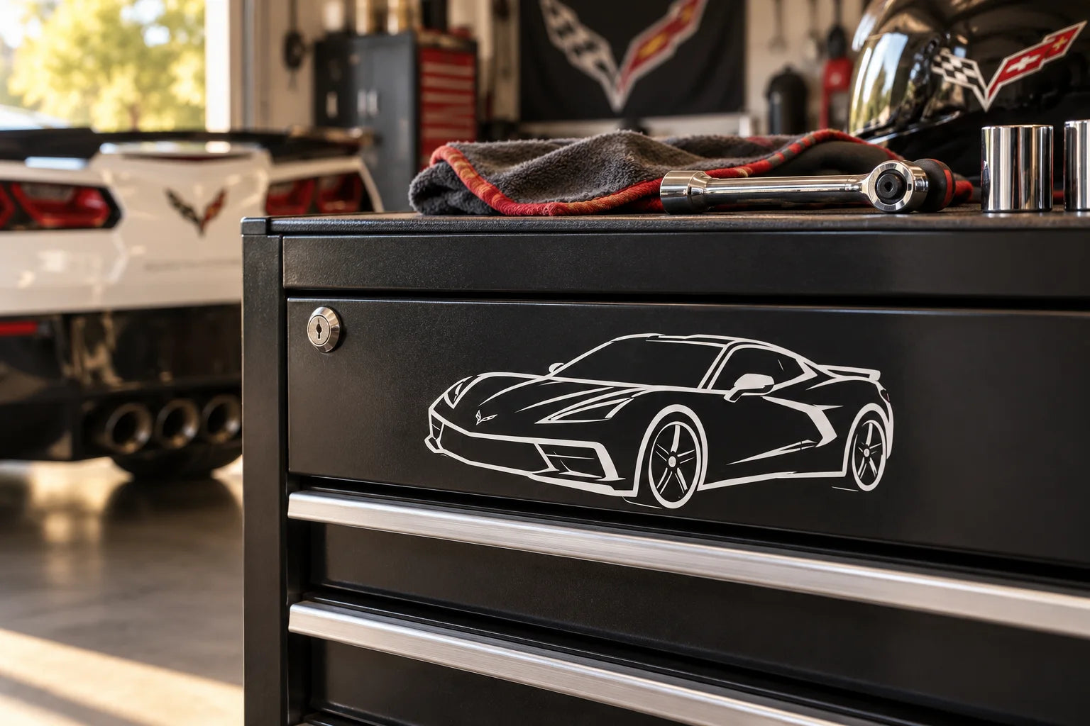 Illustrative Corvette Decals vinyl application in a realistic separate close-up lifestyle scene.