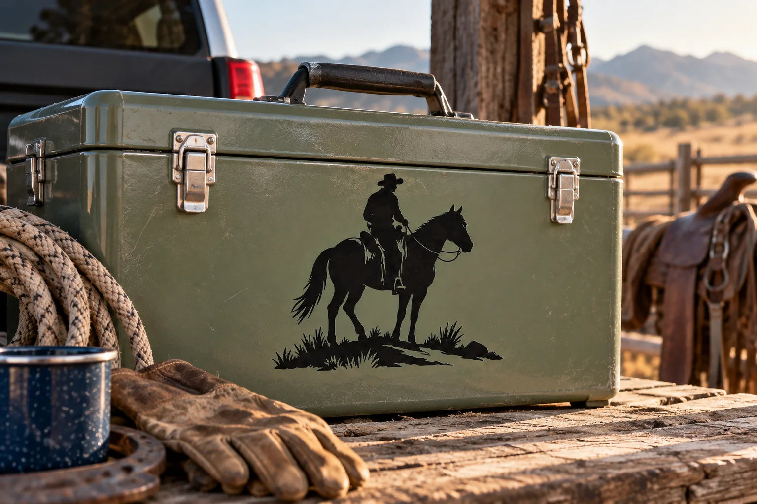 Illustrative Cowboy Decals vinyl application in a realistic separate close-up lifestyle scene.