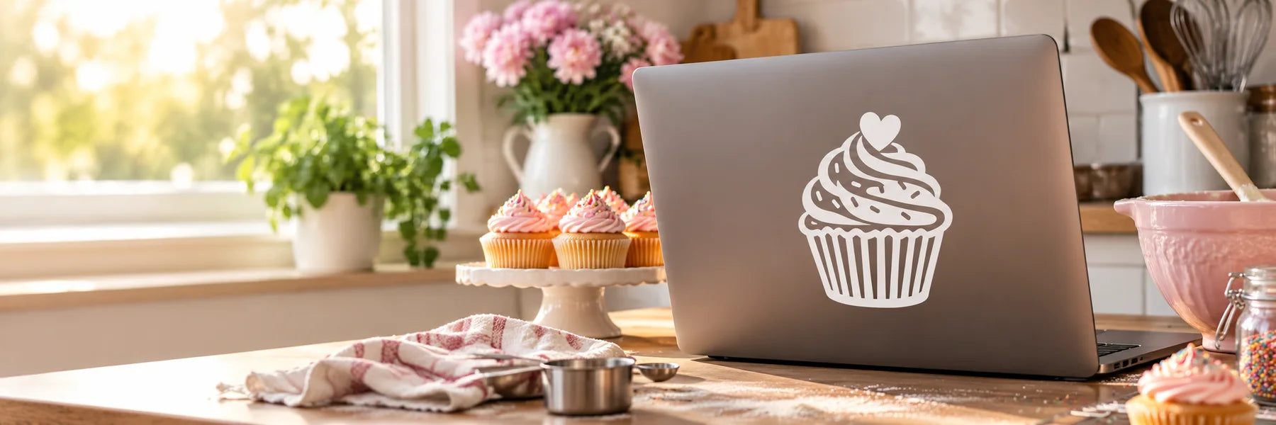 Illustrative Cupcake Decals vinyl application in a realistic panoramic lifestyle scene.