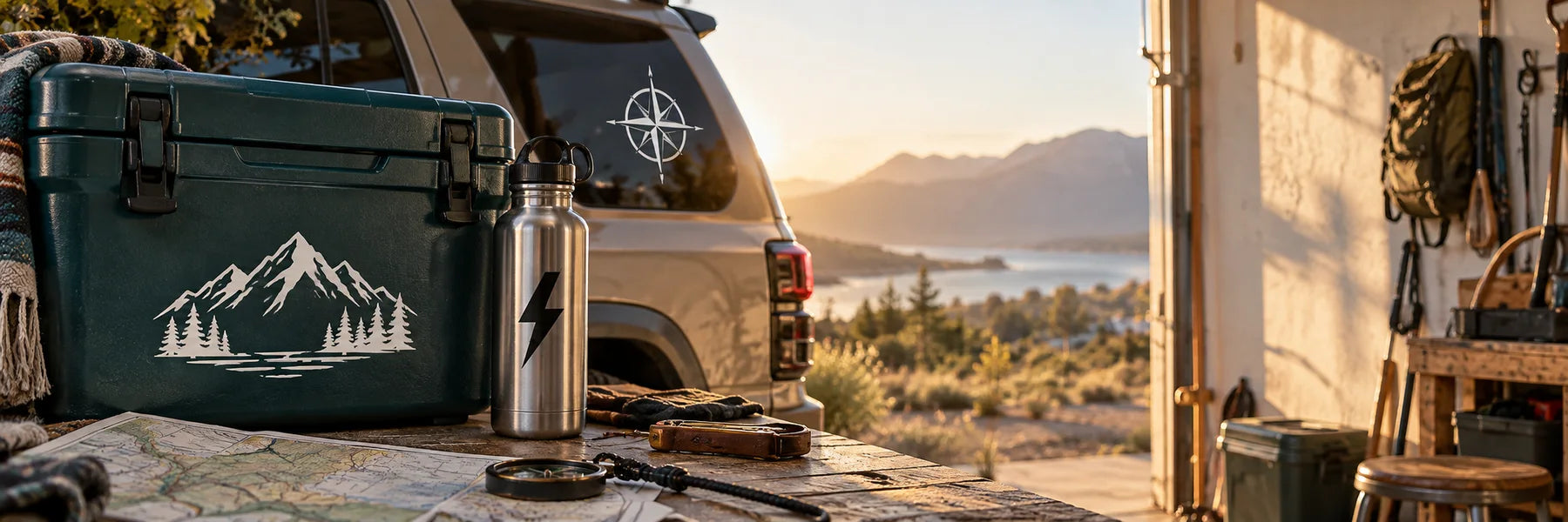 Original illustrative cut-vinyl designs on an outdoor cooler, bottle and SUV in an open-garage sunset scene.