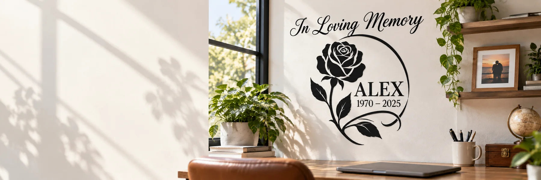 Illustrative Custom Printed In Loving Memory vinyl application in a realistic panoramic lifestyle scene.