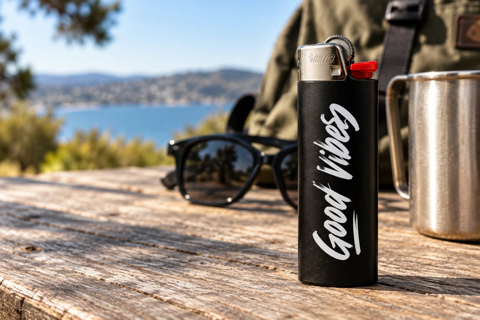 Illustrative Lighters Custom Text Decals vinyl application in a realistic separate close-up lifestyle scene.