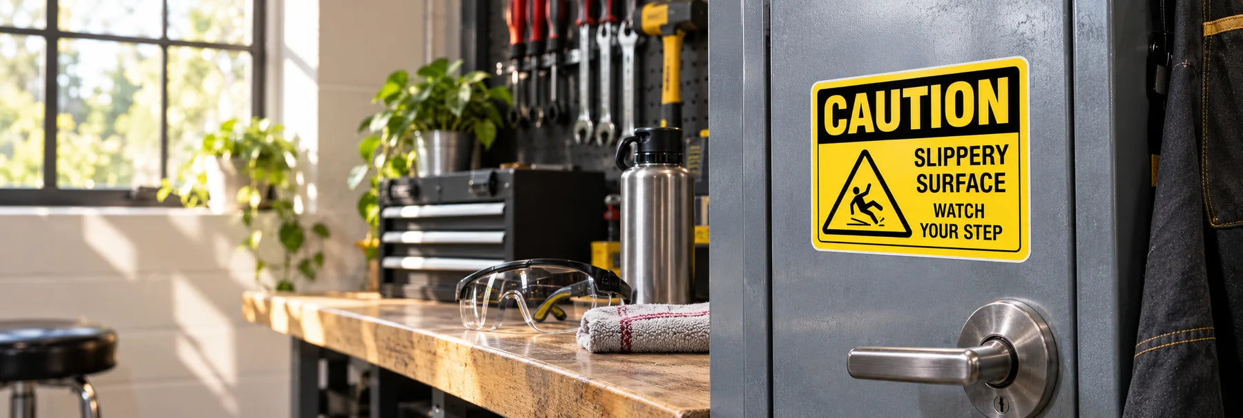 Illustrative Caution Sign Stickers vinyl application in a realistic panoramic lifestyle scene.