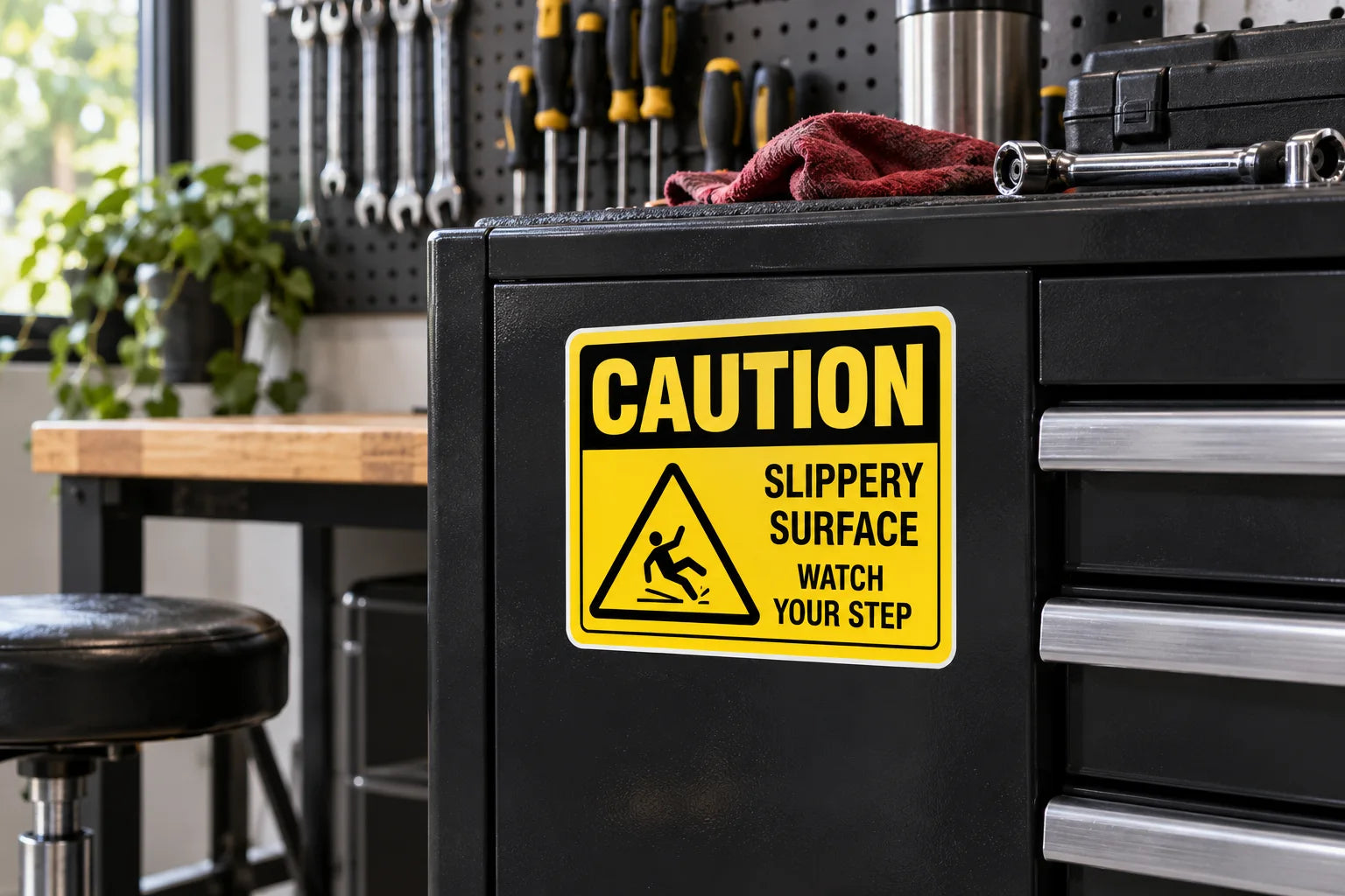 Illustrative Caution Sign Stickers vinyl application in a realistic separate close-up lifestyle scene.