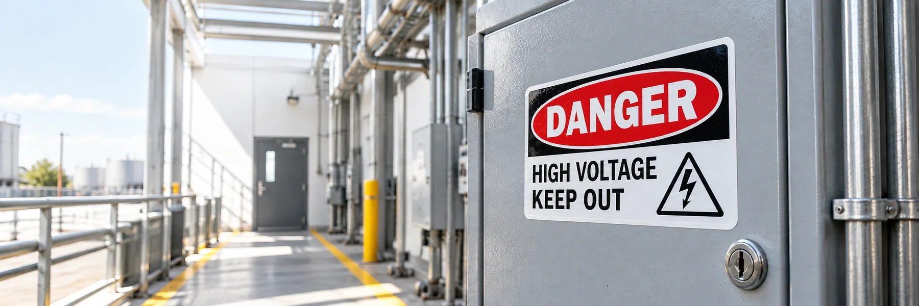 Illustrative Danger Sign Stickers vinyl application in a realistic panoramic lifestyle scene.