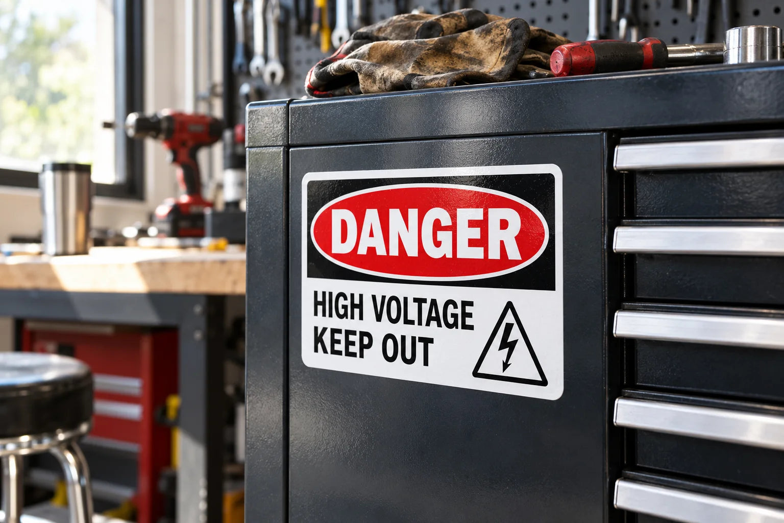 Illustrative Danger Sign Stickers vinyl application in a realistic separate close-up lifestyle scene.